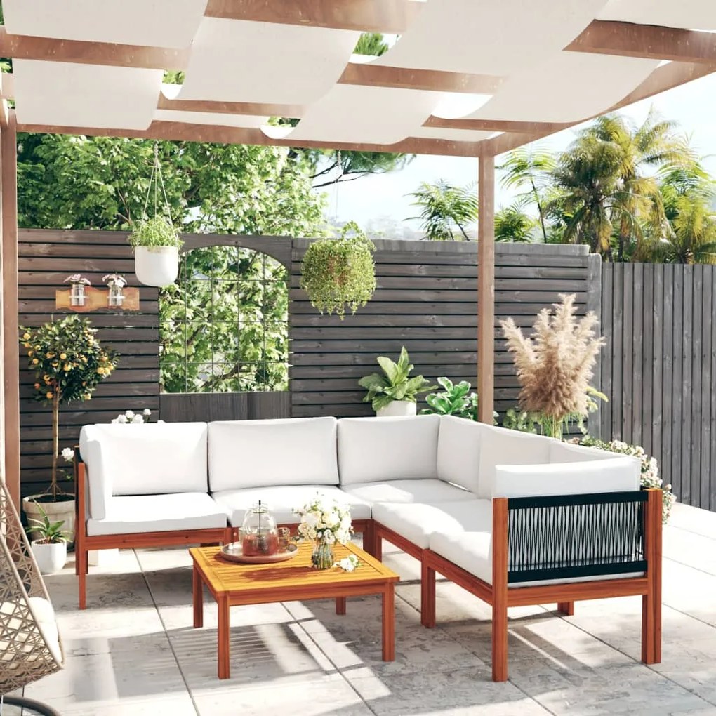 6 pcs conjunto lounge jardim c/ almofadões acácia maciça creme