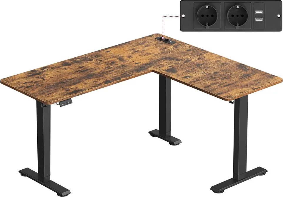 Secretária de canto com altura ajustável e estação de carregamento 140 x 160 x 72–120 cm Castanho vintage + Preto