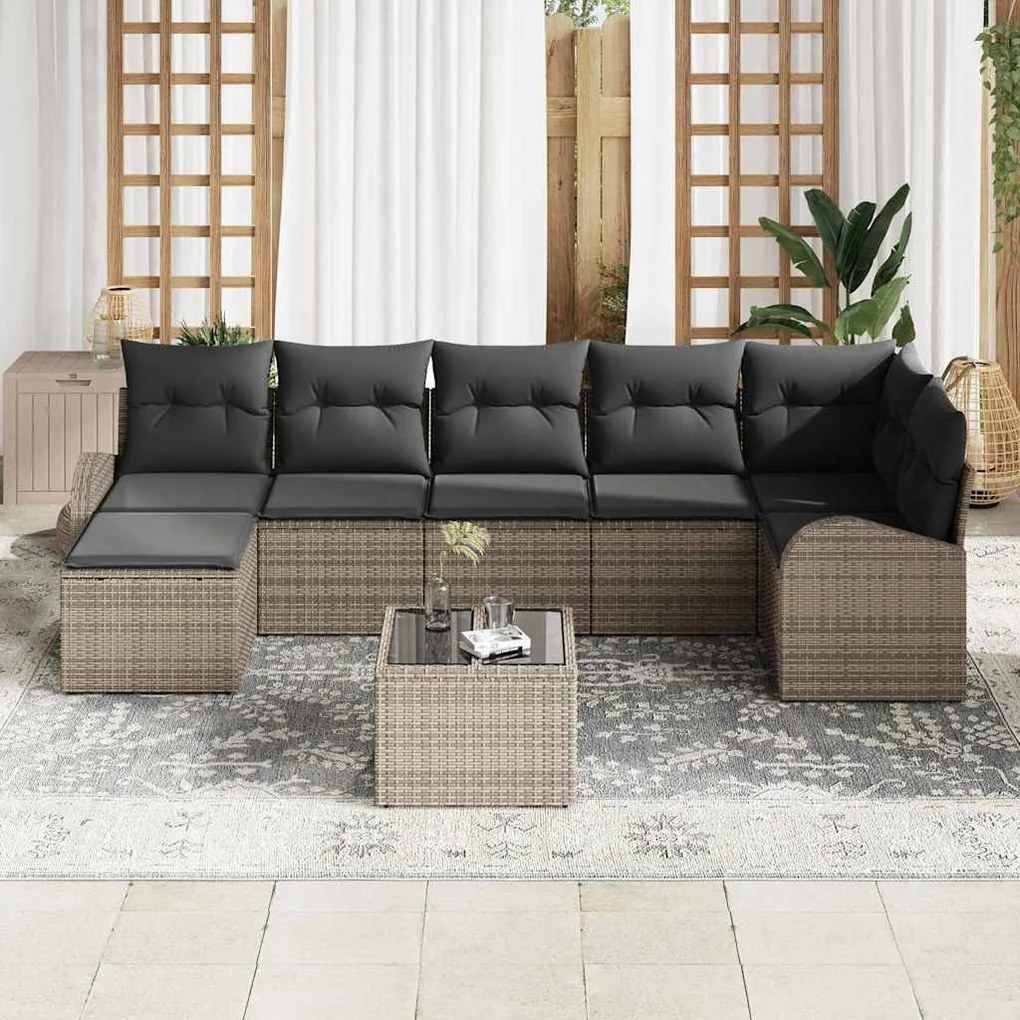 Conjunto de Sofás de Jardim em 7 peças, com almofadas pretas e rattan