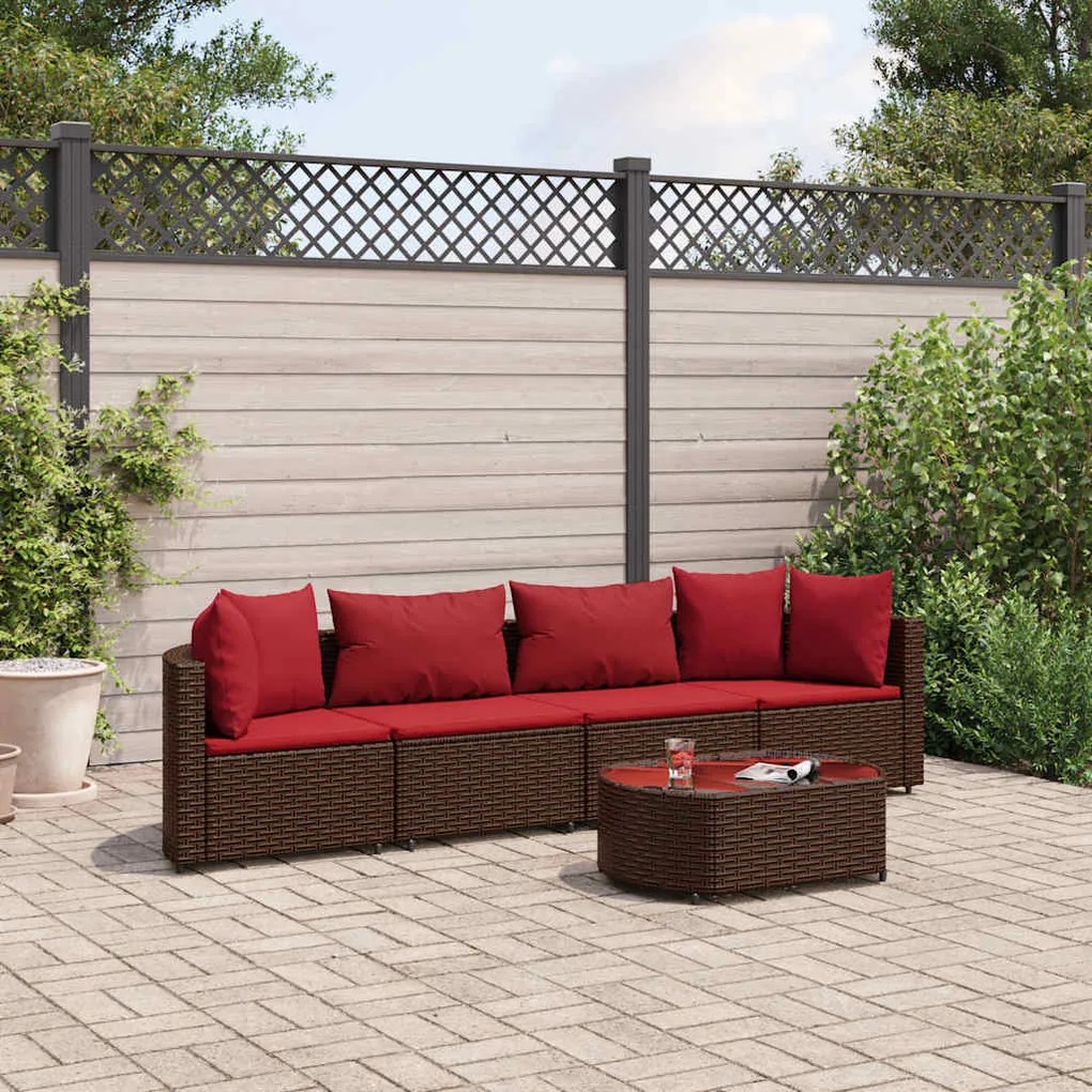 5 pcs conjunto sofás p/ jardim c/ almofadões vime PE castanho