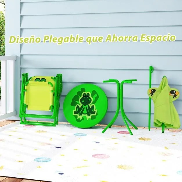 Conjunto de piquenique para Crianças 3-6 anos Mesa de atividades ao ar livre com 2 cadeiras dobráveis e guarda-sol ajustável em altura Verde claro