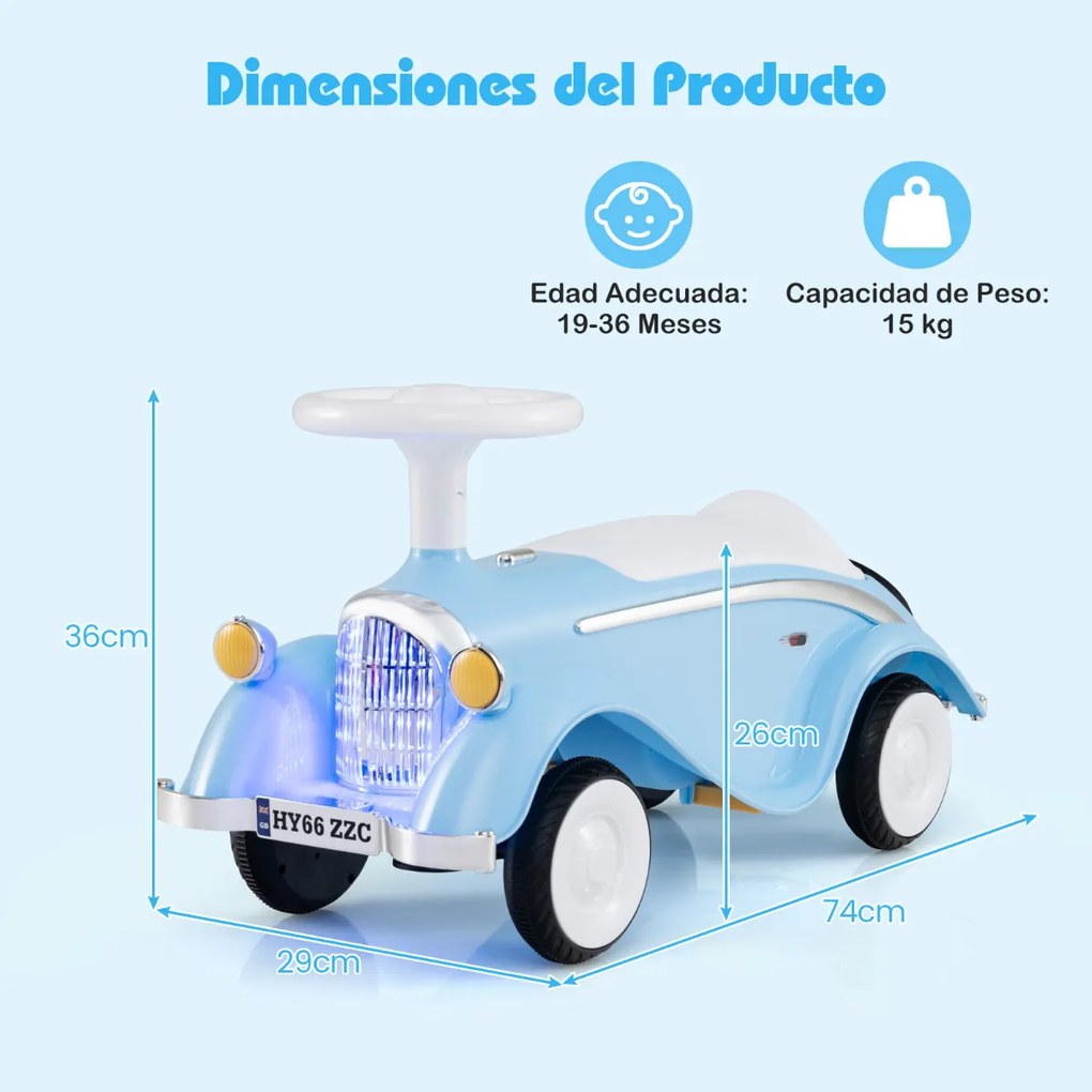 Andarilho montar carro clássico deslizante com volante, buzina, luz LED e espaço de armazenamento sob o assento para crianças de 19 a 36 meses, azul