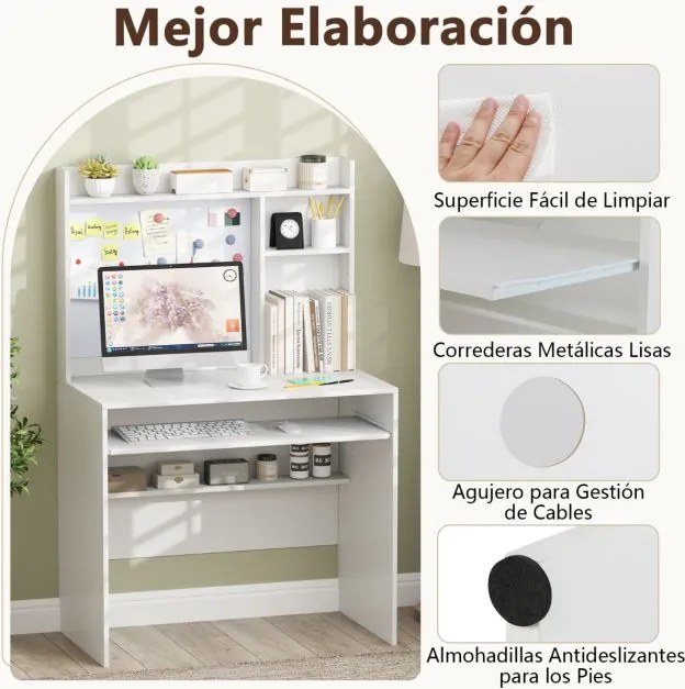 Secretária de computador 89 x 50 x 138 cm com quadro de avisos magnético e com Estante e Tabuleiro para teclado branco