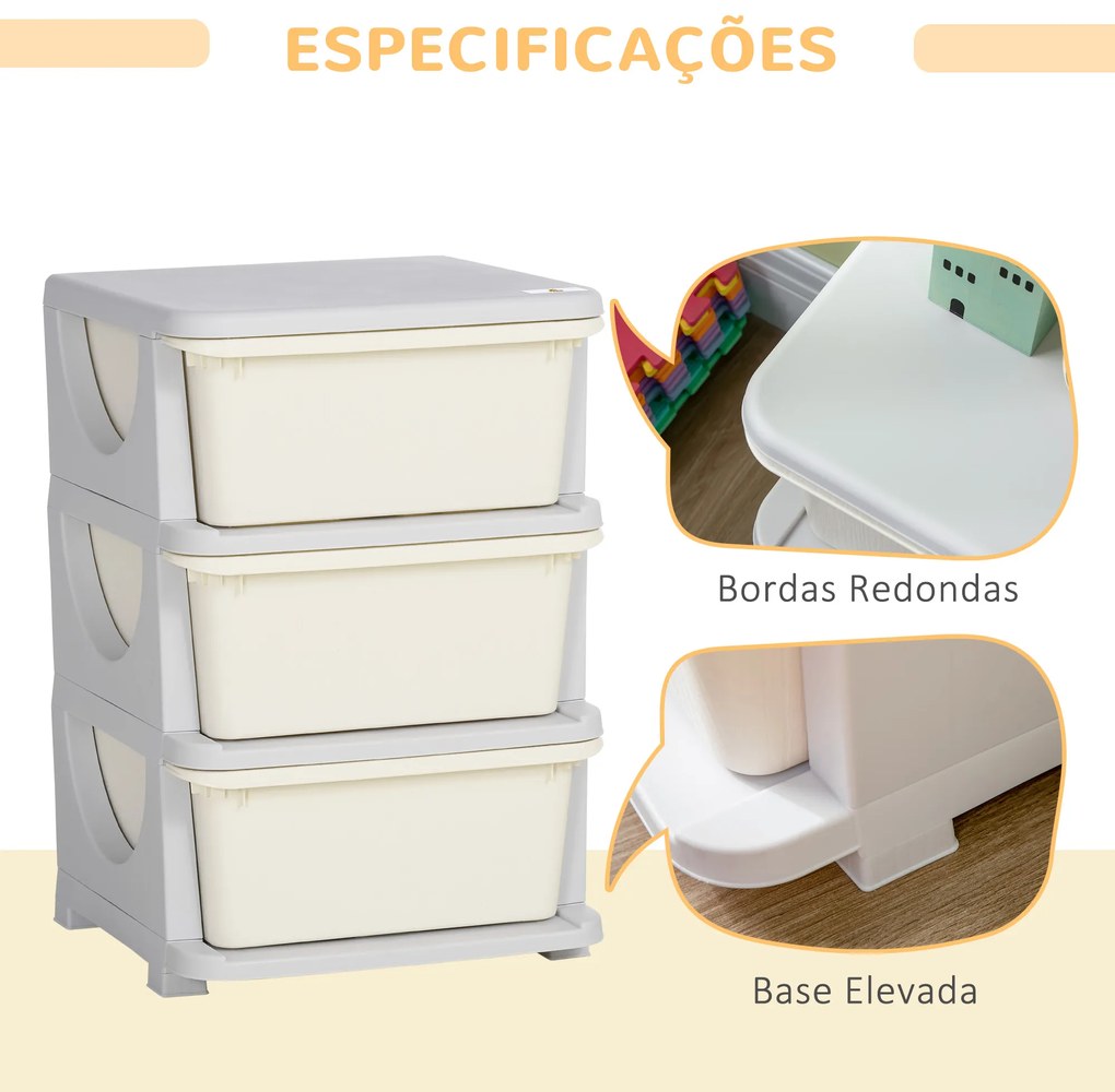 Organizador de Brinquedos para Crianças com 3 Gavetas Arrumação para Brinquedos Roupas Livros 37x37x56,5 cm Bege