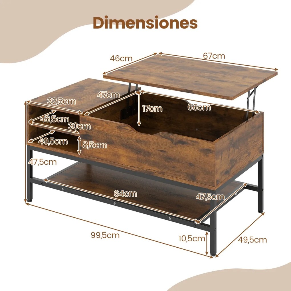 Mesa de centro elevável 99,5 x 49,5 x 47,5 cm com compartimento oculto com prateleira de armazenamento elevável Castanha