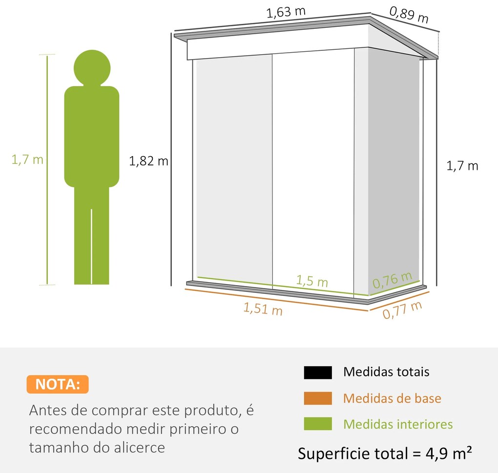 Abrigo de Jardim Metálico – 163x89x182 cm | 1,5 m² de Armazenamento