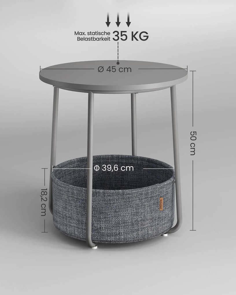 Mesa de apoio redonda, mesa de cabeçeira com cesto em tecido 45 x 50 cm (Ø x H)  Cinzento + cinzento