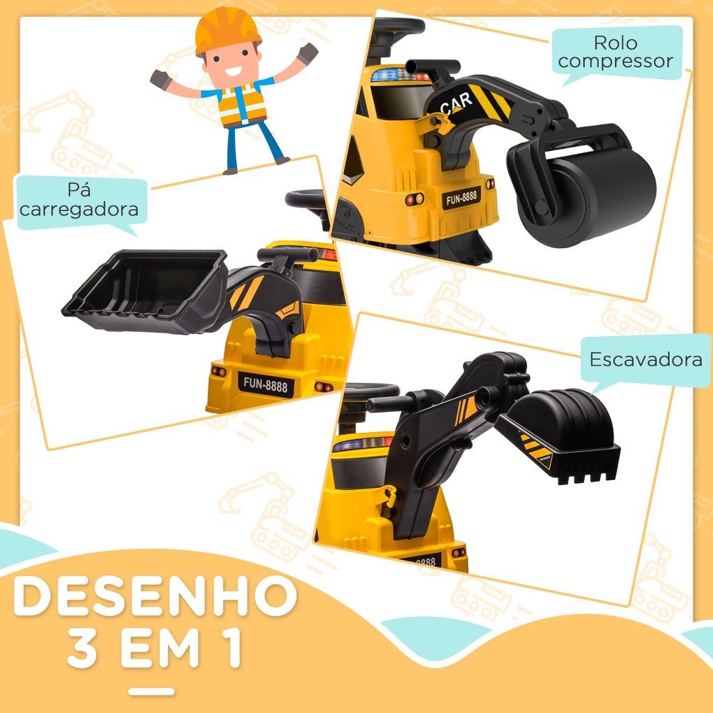 Escavadora Elétrica para Crianças Veículo Infantil 3 em 1 com Bateria 6V Pá e Rolo Compressor 100x43x48,5 cm Preto e Amarelo