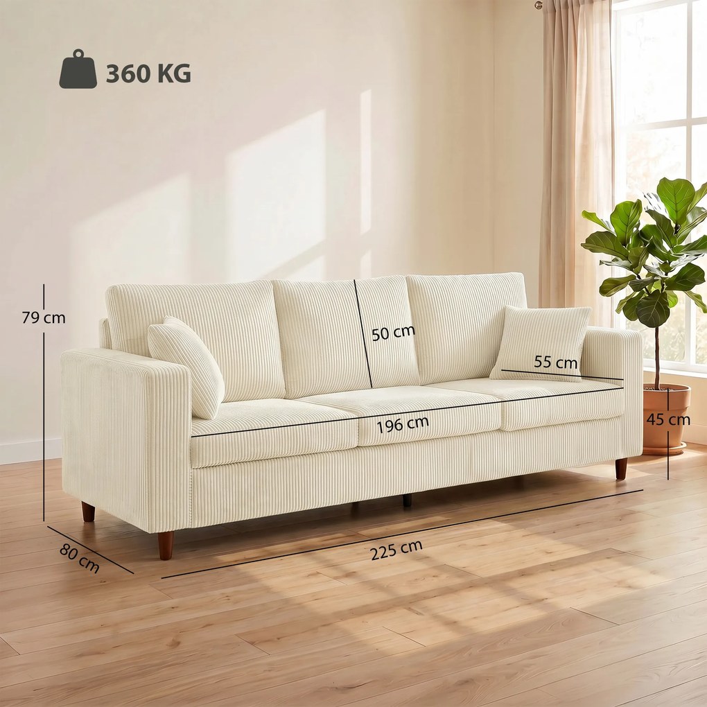 Sofá de 3 Lugares, 225 x 80 x 79 cm, Assento Extralargo, Creme