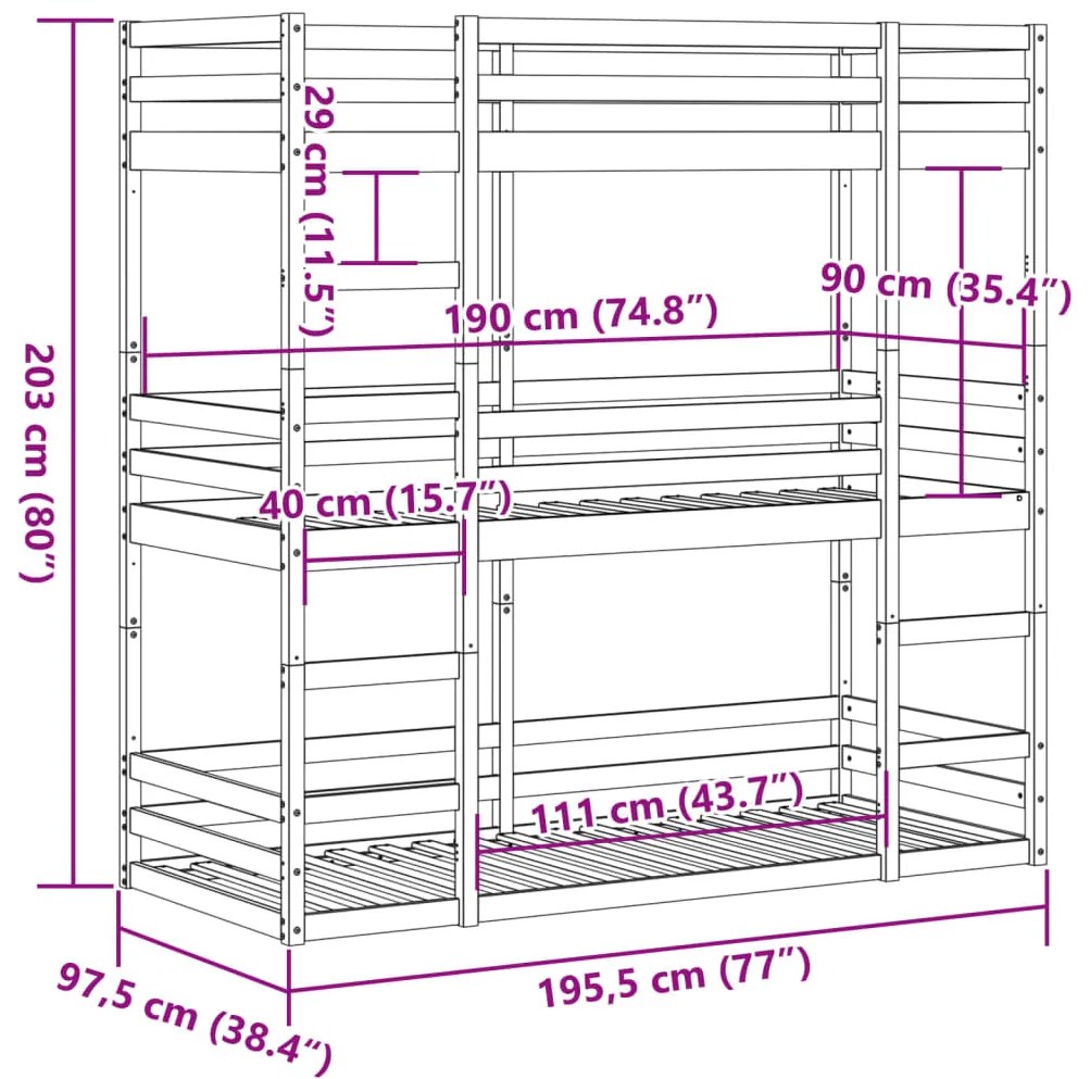 Beliche triplo 90x190 cm madeira de pinho maciça branco