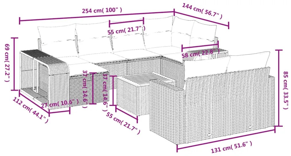 11 pcs conjunto sofás de jardim c/ almofadões vime PE preto