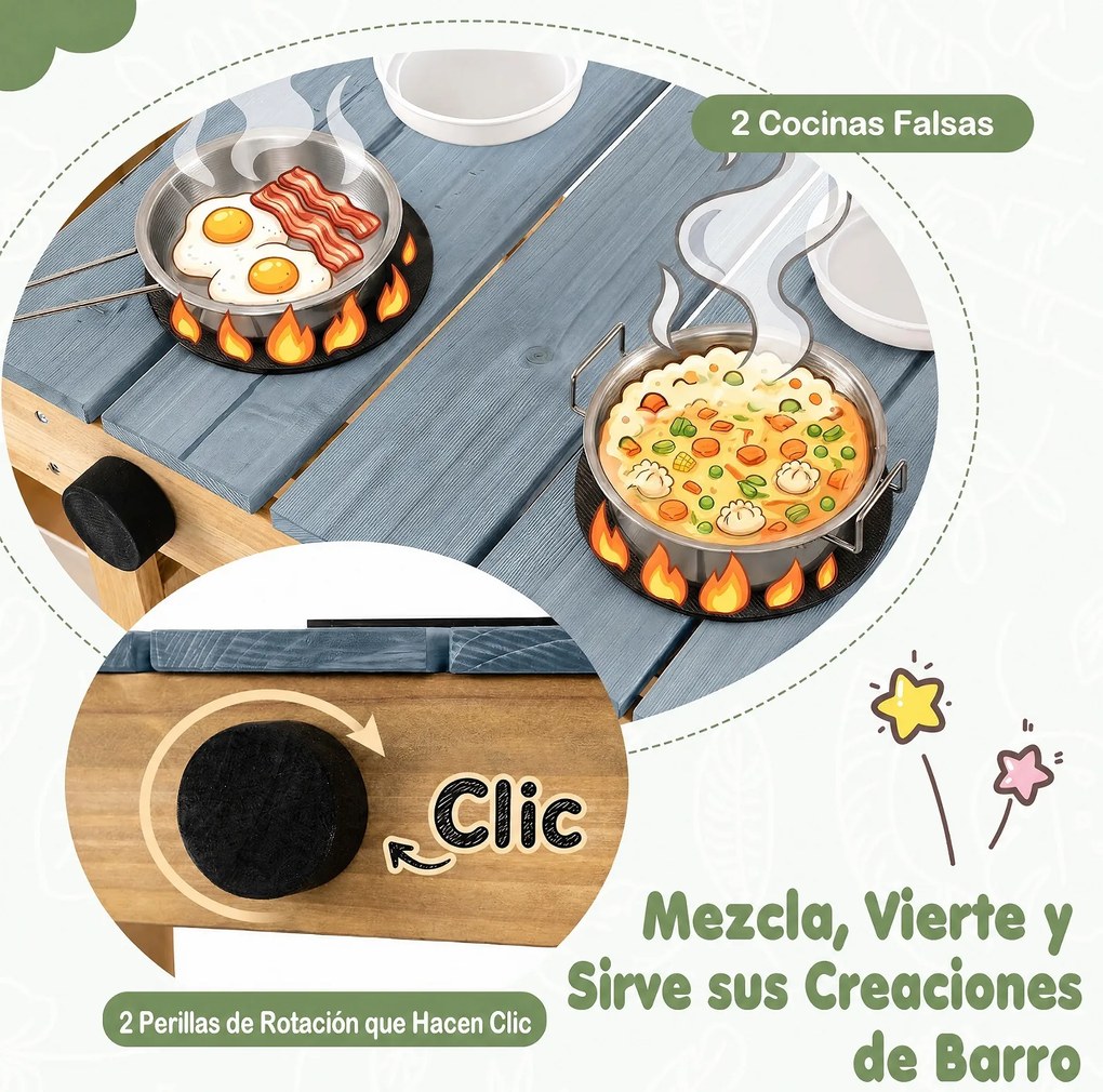 Cozinha brincar infantil para Brincar no Exterior, 93 x 36,5 x 96 cm, com Floreira Elevada, Natural