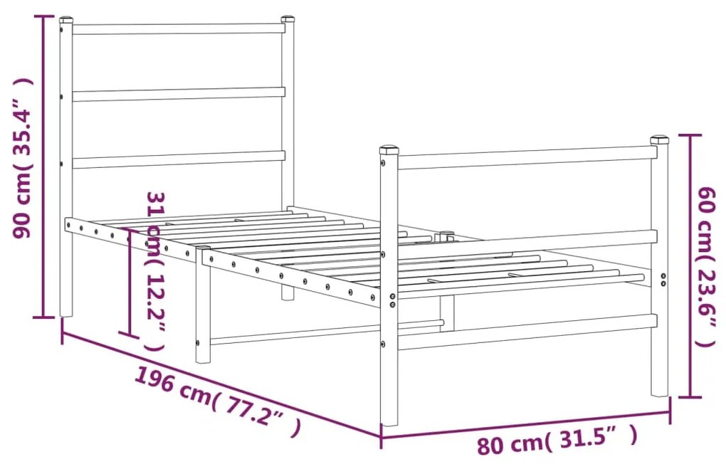 Estrutura de cama com cabeceira e pés 75x190 cm metal branco