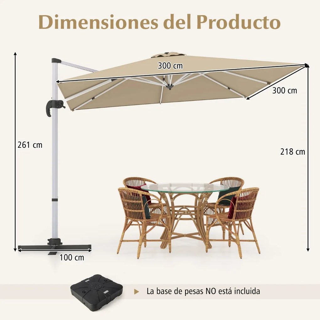 Guarda-sol Jardim de alumínio de 3 m quadrado com rotação de 360° e inclinação ajustável à prova de vento para pátio, piscina e terraço Bege