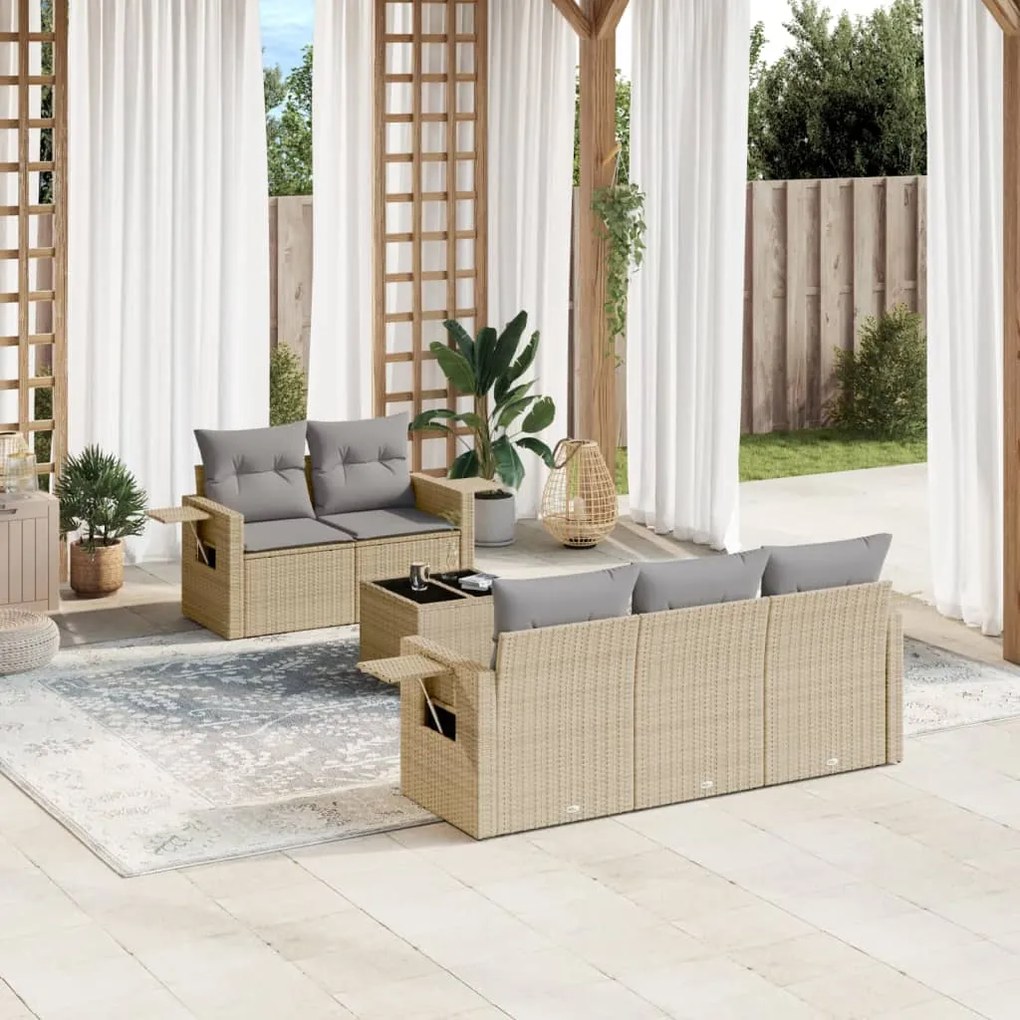 6 pcs conjunto de sofás p/ jardim com almofadões vime PE bege