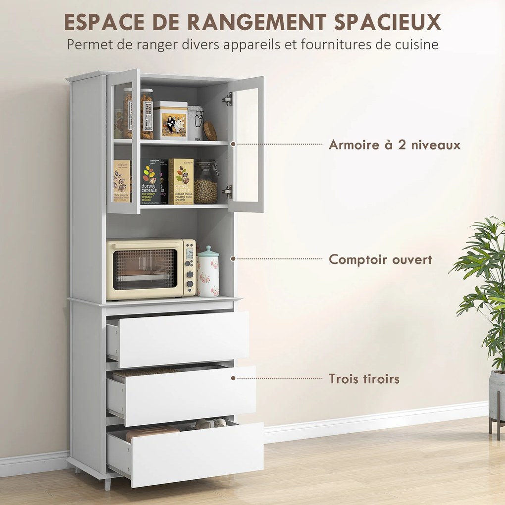 Aparador de cozinha com armário de arrumação, 2 portas, 3 gavetas e compartimento central; dimensões: 68 x 38 x 172 cm; MDF branco