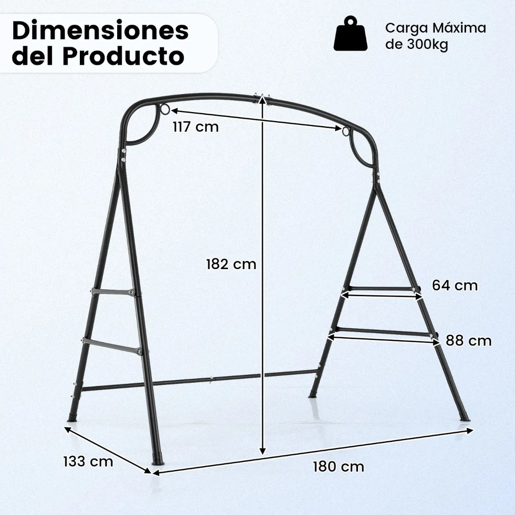 Suporte metálico de baloiço ou rede jardim Carga 300 kg com 4 barras de suporte 2 métodos de suspensão Preto