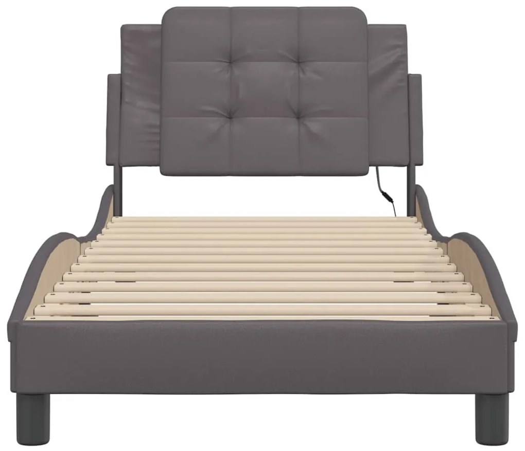 Estrutura cama c/ luzes LED 90x190 cm couro artificial cinzento