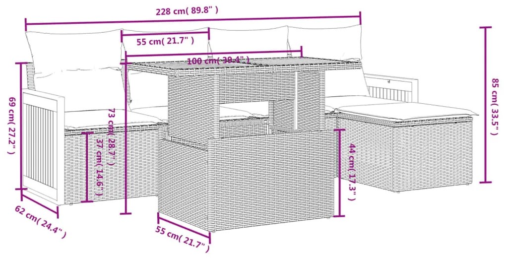 6 pcs conjunto sofás de jardim c/ almofadões vime PE preto