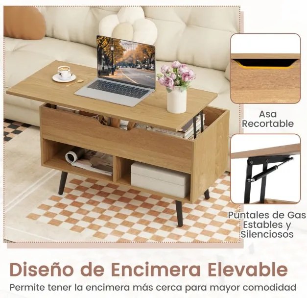 Mesa de centro elevável em madeira 80 x 40 x 44,5 cm com compartimento oculto e 2 prateleiras abertas para sala de estar, sala de recepção ou escritór