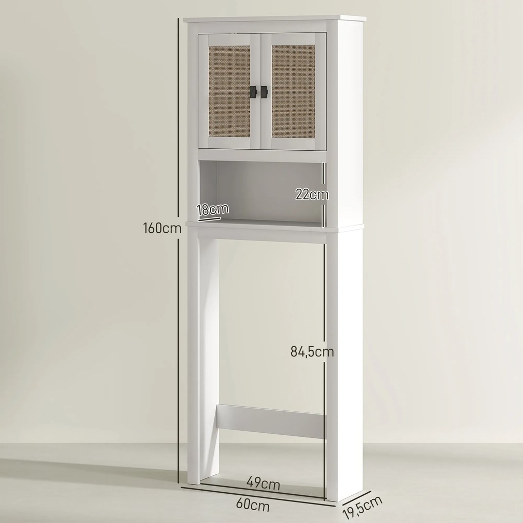 Móvel sobre Sanita Armário sobre Sanita com 2 Portas com Frente em Vime Compartimento e Prateleira Ajustável 60x19,5x160 cm Branco