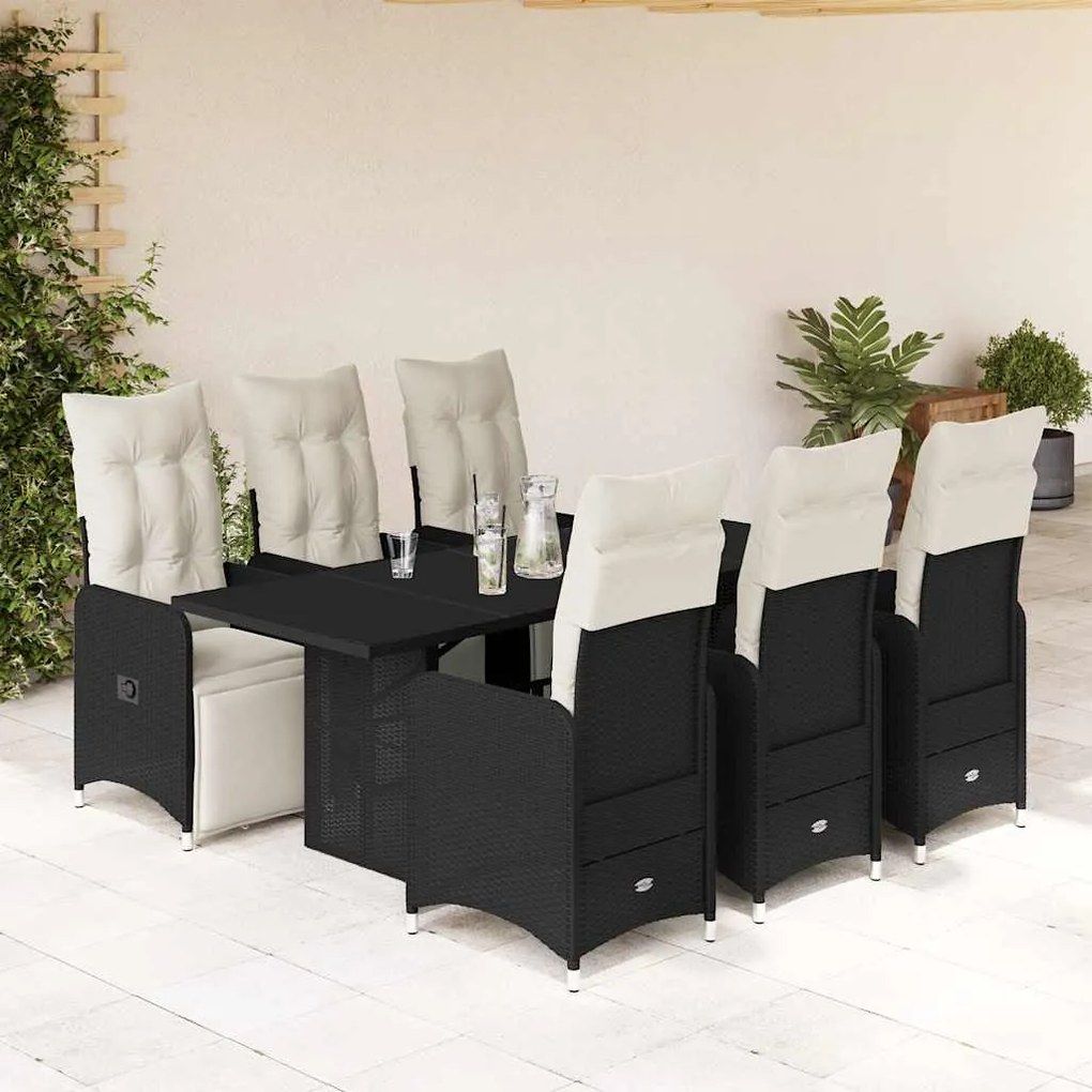 vidaXL 7 pcs conjunto de bistrô p/ jardim c/ almofadões vime PE preto