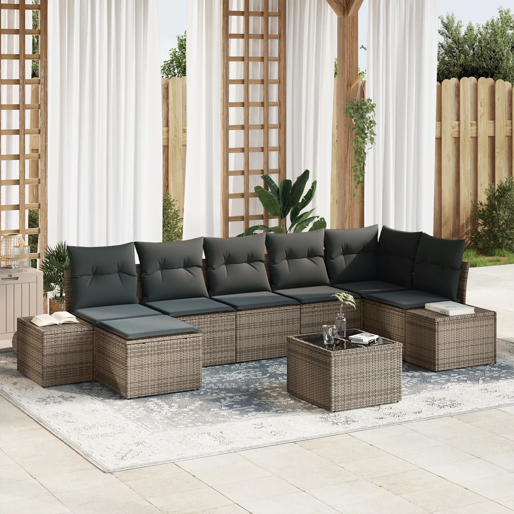 Conjunto de Sofá de 7 Peças com Almofadas Rattan Poliéster Preto