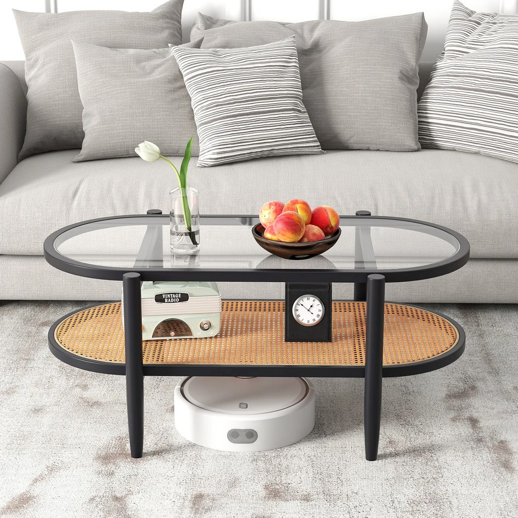 Mesa de centro oval de dois níveis com tampo em vidro temperado 102 x 46 x 46 cm, estante em vime e estrutura em madeira curvada para sala de estar ou