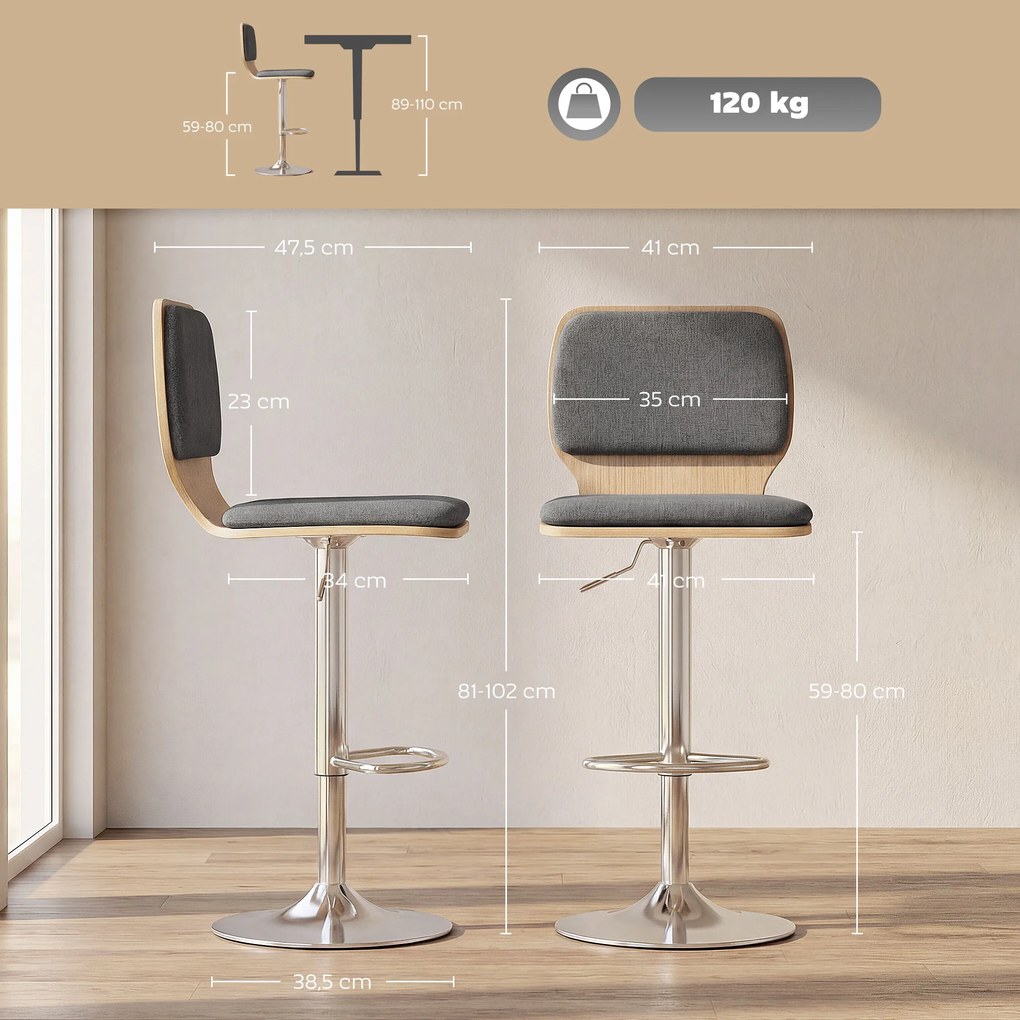 Conjunto de 2 bancos de bar, com altura ajustável, encosto e apoio para os pés, giratórios a 360°, 41 x 47,5 x 81-102 cm, cinzento