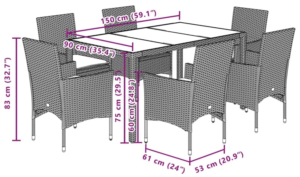 7 pcs conjunto jantar jardim c/ almofadões vime PE/acácia bege