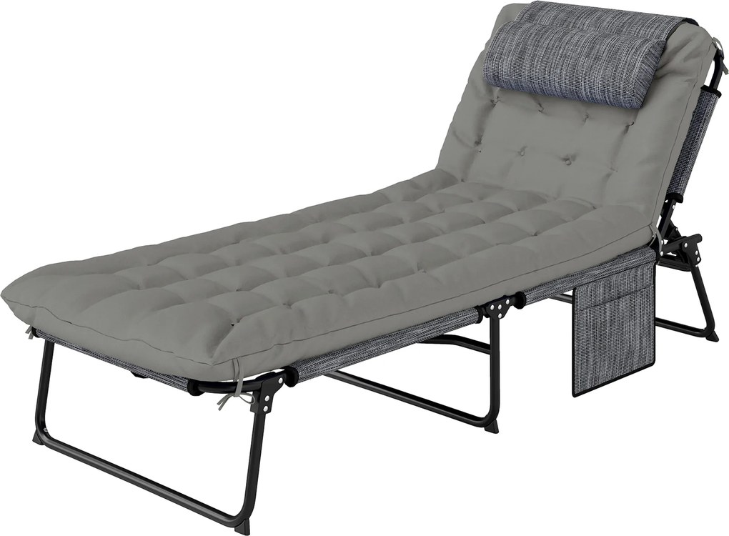 Outsunny Espreguiçadeira, encosto ajustável em 4 níveis, almofada, bolso lateral, apoio de cabeça, 68 x 189 x 33 cm, Cinza | Aosom Portugal