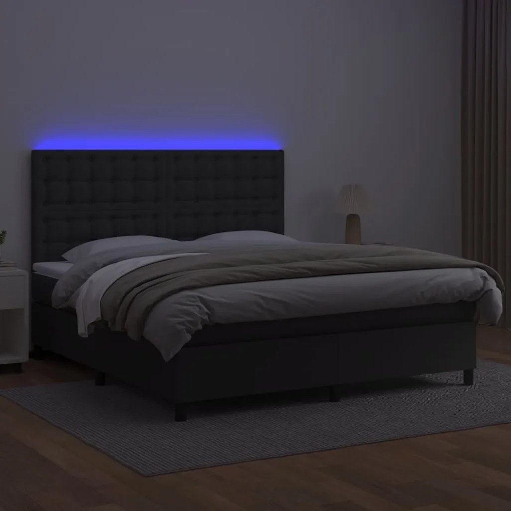 Cama box spring c/ colchão/LED 180x200cm couro artificial preto