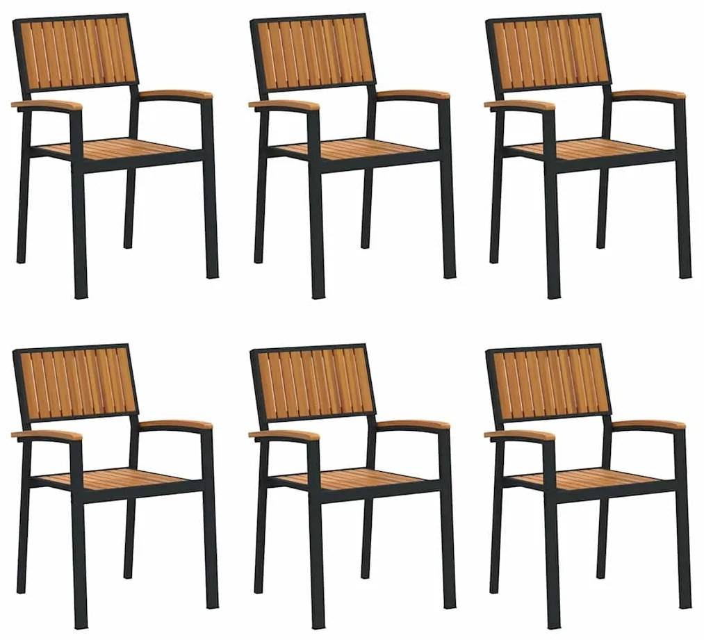 Cadeiras de Jardim Empilháveis 6 pcs Aço Preto e Madeira Sólida de Acá