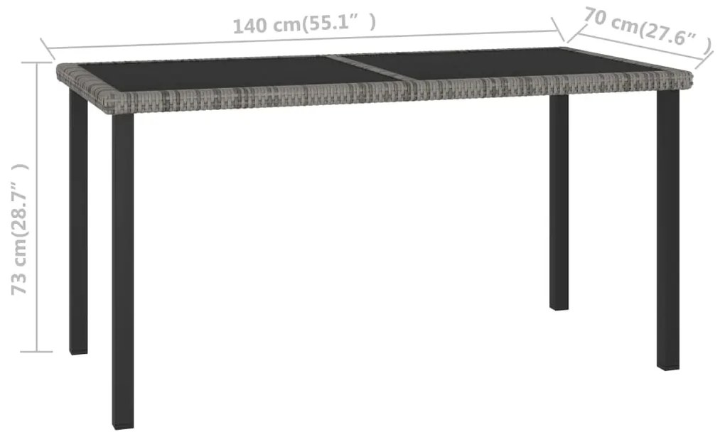 Mesa de jantar para jardim 140x70x73 cm vime PE cinzento