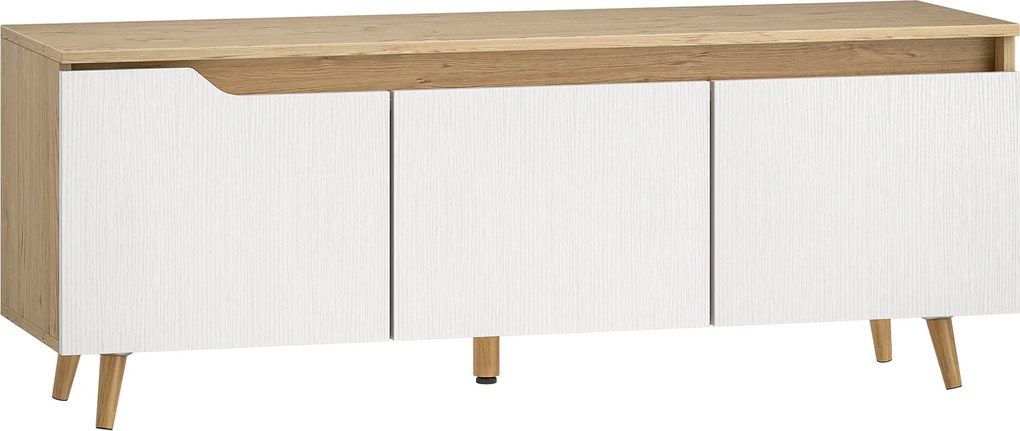 Móvel TV 120 cm para Televisor até 140 cm com 3 Portas Prateleira Ajustável Carvalho e Branco