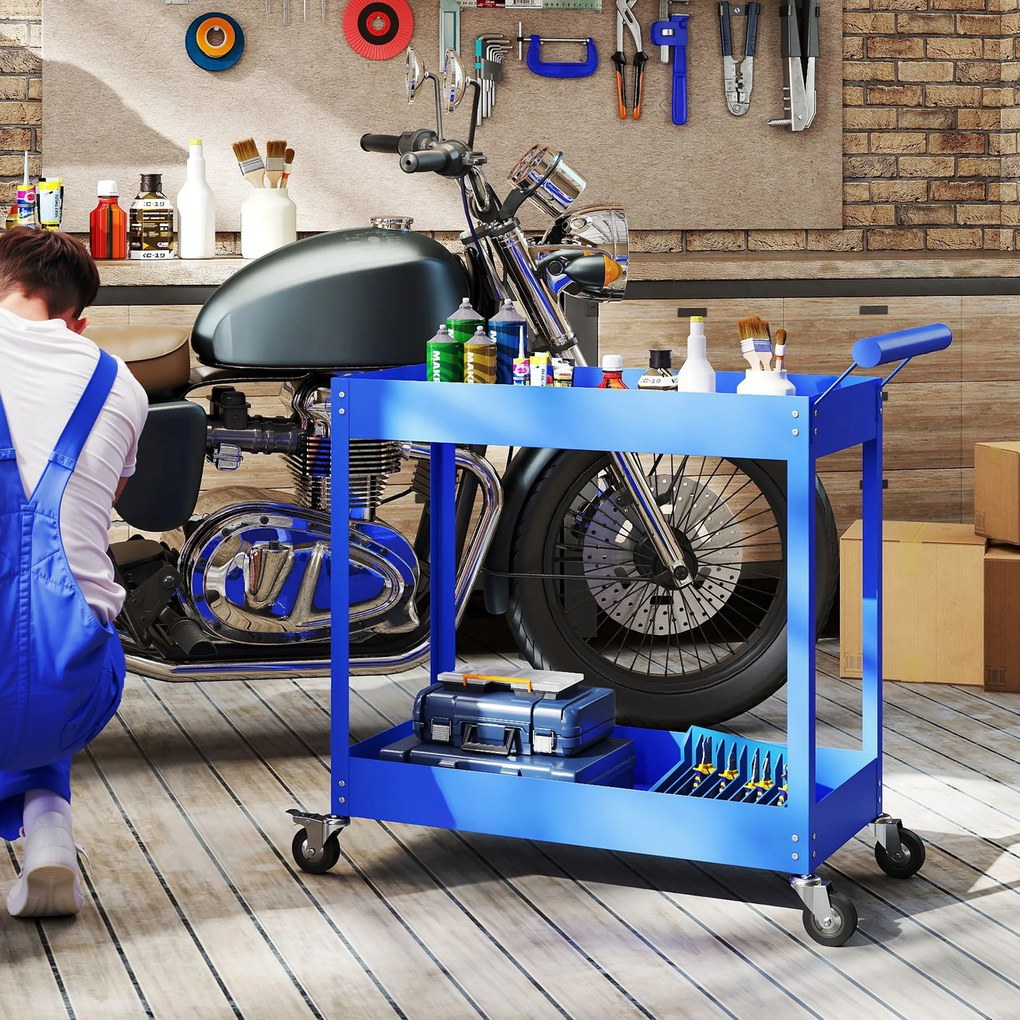 Carrinho de oficina com 2 níveis, pega lateral e rodas bloqueáveis, 84,5 x 38 x 84 cm, azul