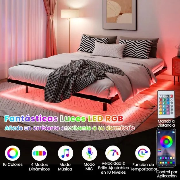 Estrutura de cama flutuante com luzes LED 200 x 160 x 24,5 cm de metal para colchão (COLCHÃO NÃO INCLUIDO) Base de ripas Somier preto