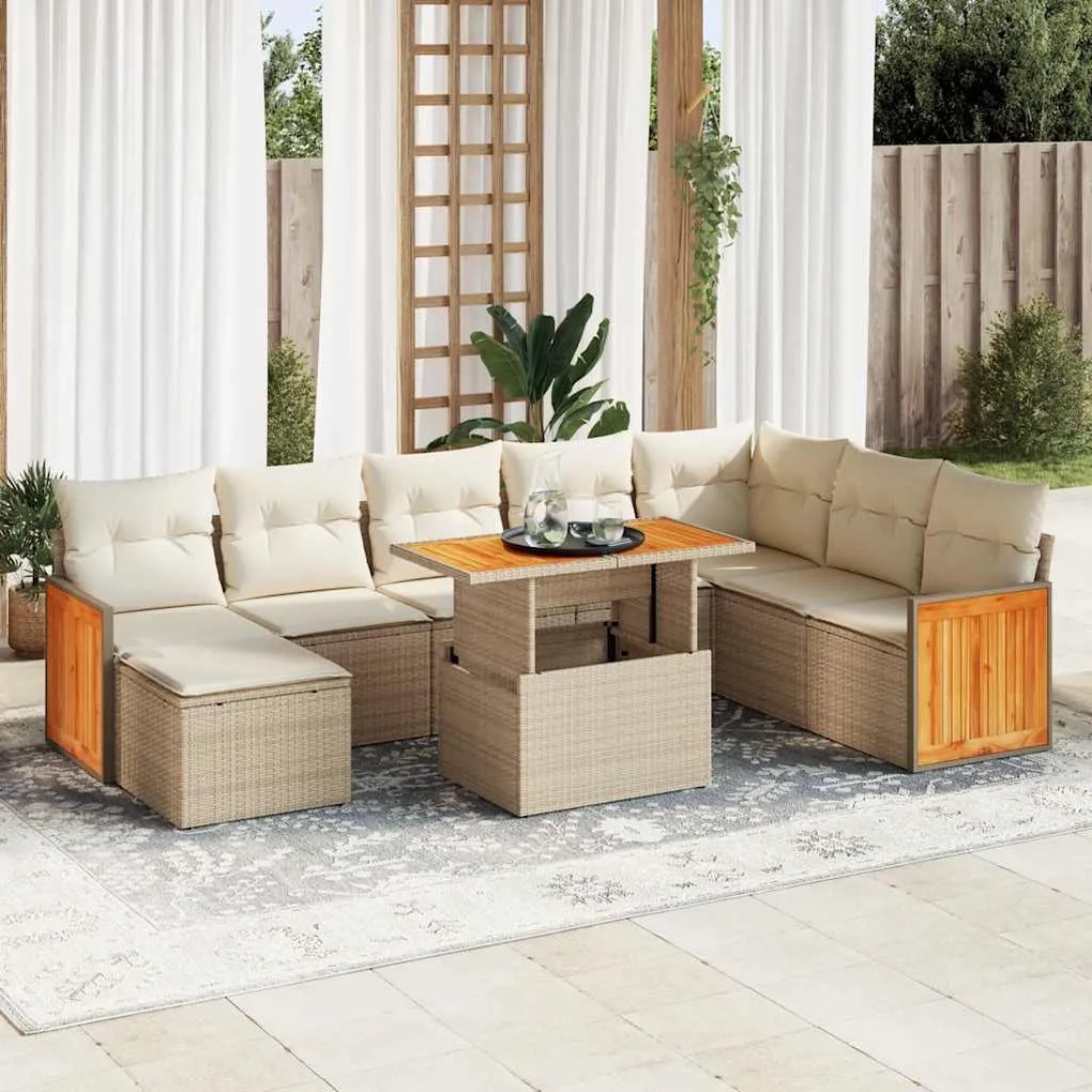 vidaXL 9 pcs conjunto sofás jardim com almofadões vime PE/acácia bege