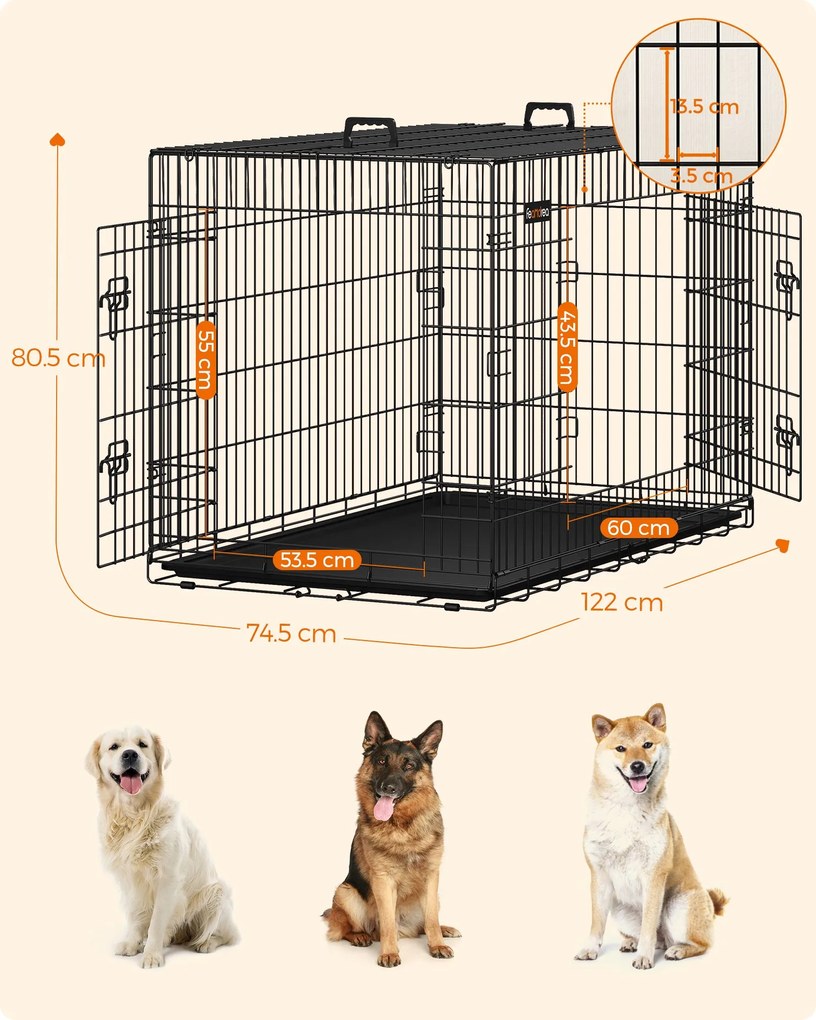 Gaiola para Cães 122 x 74,5 x 80,5 cm com 2 portas preto