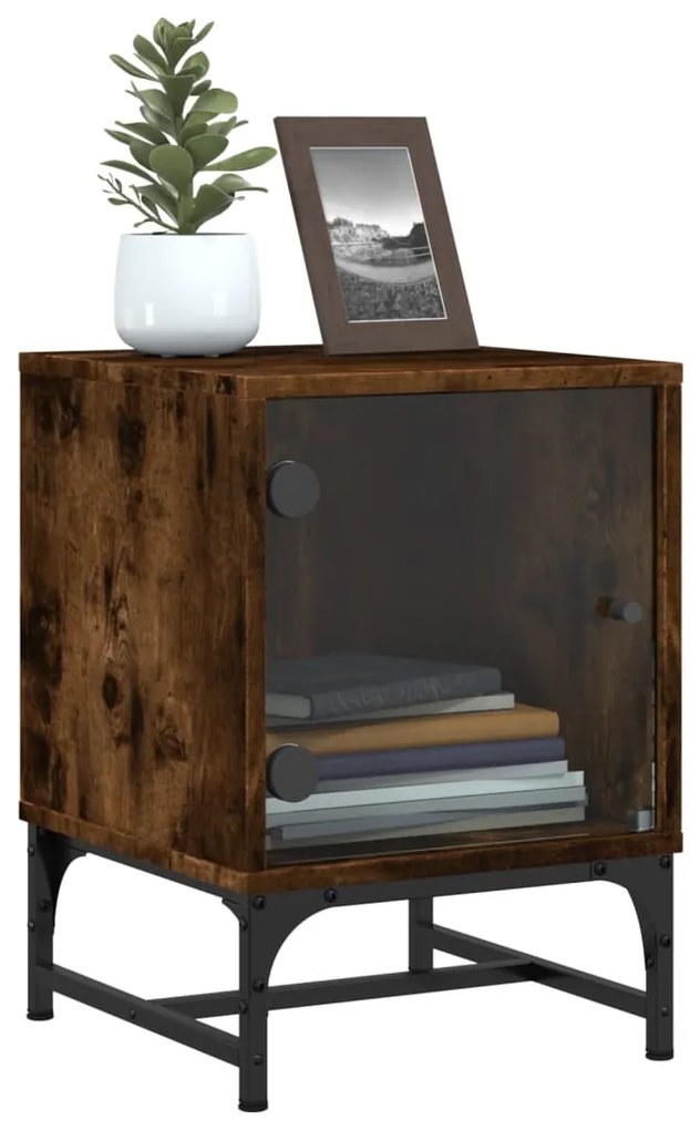 Mesa cabeceira c/ portas vidro 2 pcs 35x37x50cm carvalho fumado