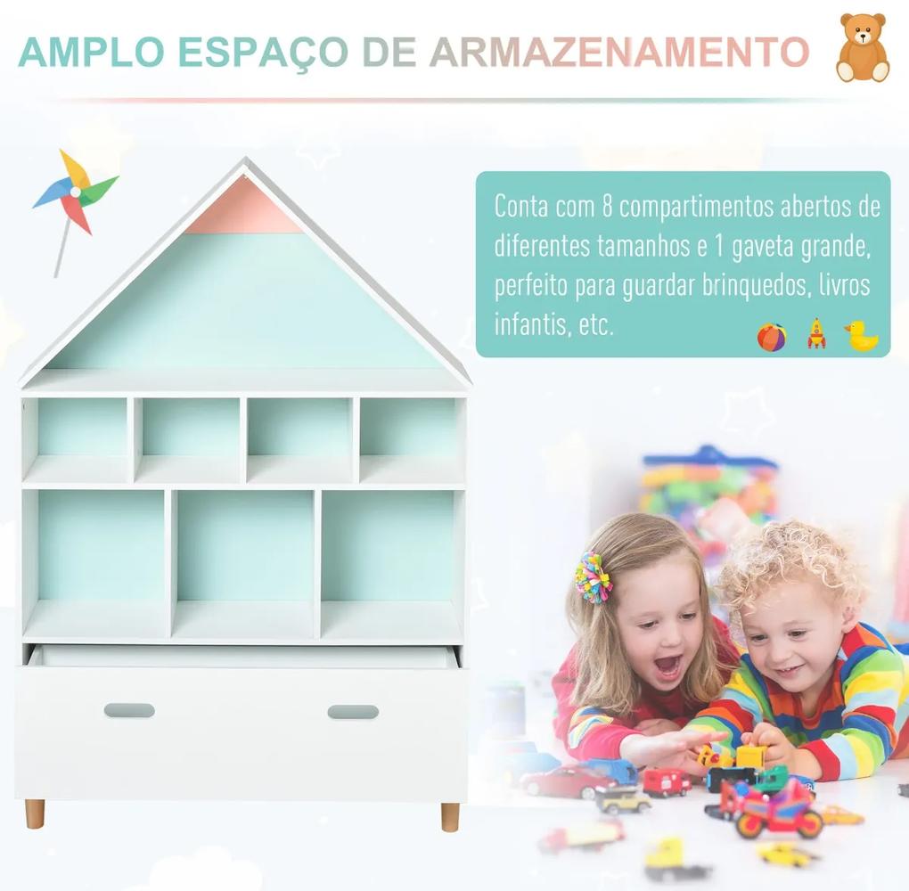 Estante de Madeira Infantil em Forma de Casa Estante para Crianças com 8 Compartimentos Abertos e Gaveta de 2 Cores 82x30x126cm Branco