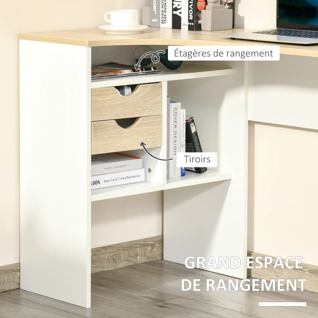 Secretária de canto com 2 gavetas, 120 x 60 cm, secretária em L com 3 compartimentos abertos, secretária para computador, ideal para estudar, trabalha