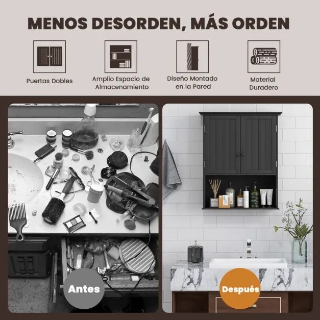 Armario de parede para casa de banho com 2 portas Prateleira regulável em altura 60 x 20 x 70,5 cm Preto