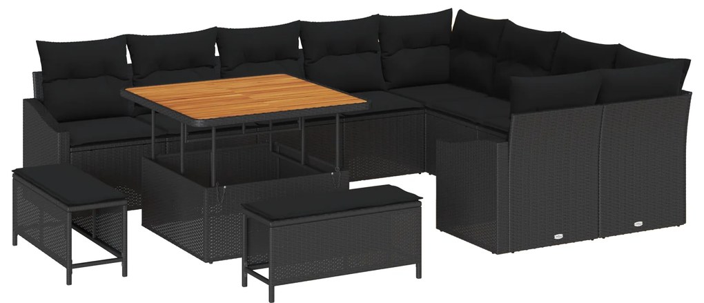 Conjunto de Sofás de Jardim de 12 Peças com Almofadas Preto Rattan Pol