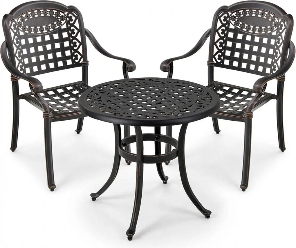 Conjunto jardim de 2 cadeiras empilháveis em alumínio fundido com braços e mesa auxiliar redonda para exterior (jardim, terraço), cor bronze