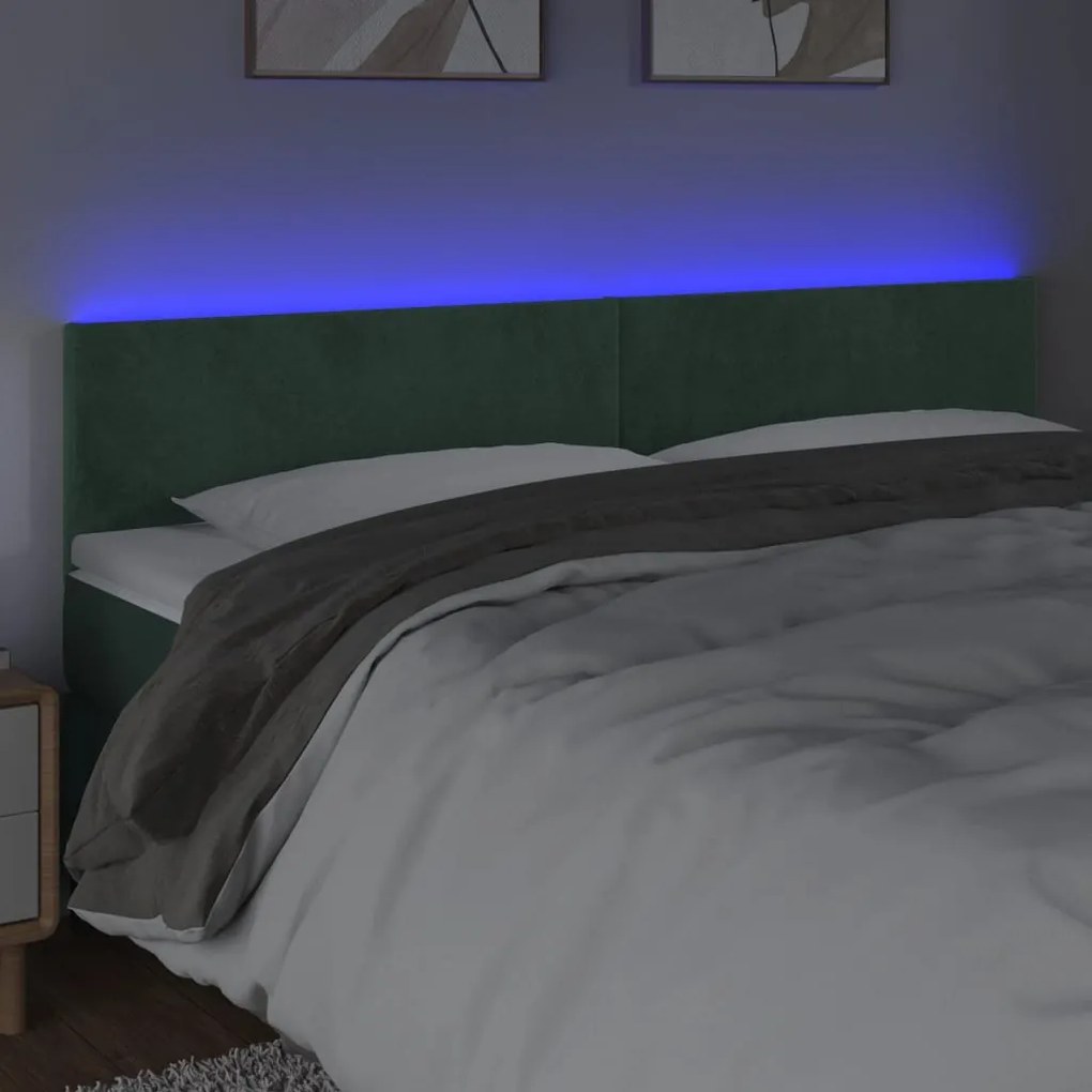 Cabeceira de cama c/luzes LED veludo 160x5x78/88cm verde-escuro