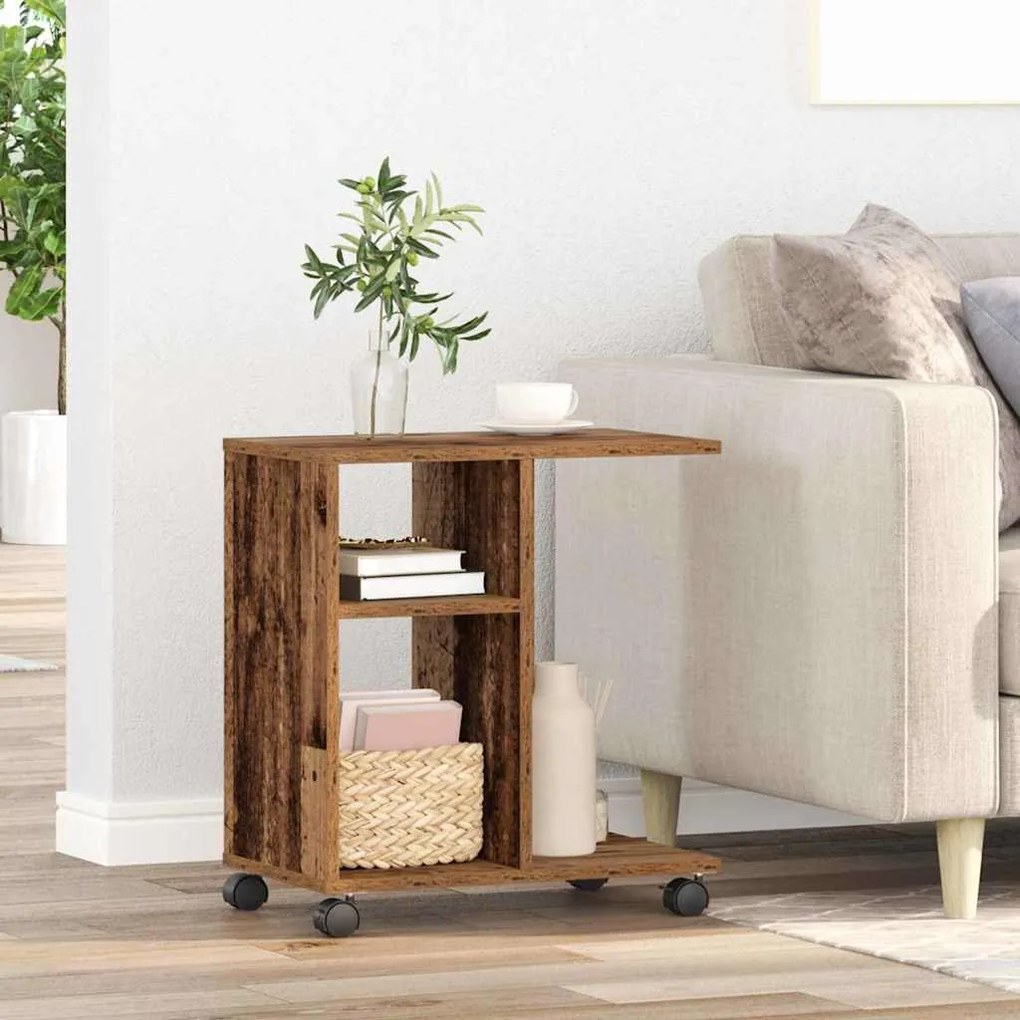 Mesa Lateral com Rodas em Madeira Antiga 50x30x55 cm em Madeira de Eng