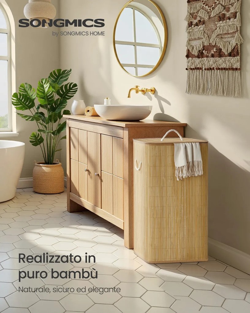 Cesto para roupa suja 60 L, 40 x 22 x 70 cm em bambu com tampa e saco removível natural
