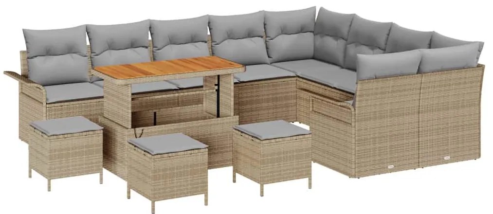 Conjunto de Sofá de Jardim de 13 Peças com Almofadas Bege Rattan Polié