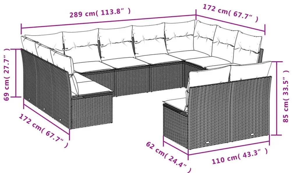 11 pcs conjunto sofás de jardim c/ almofadões vime PE cinzento